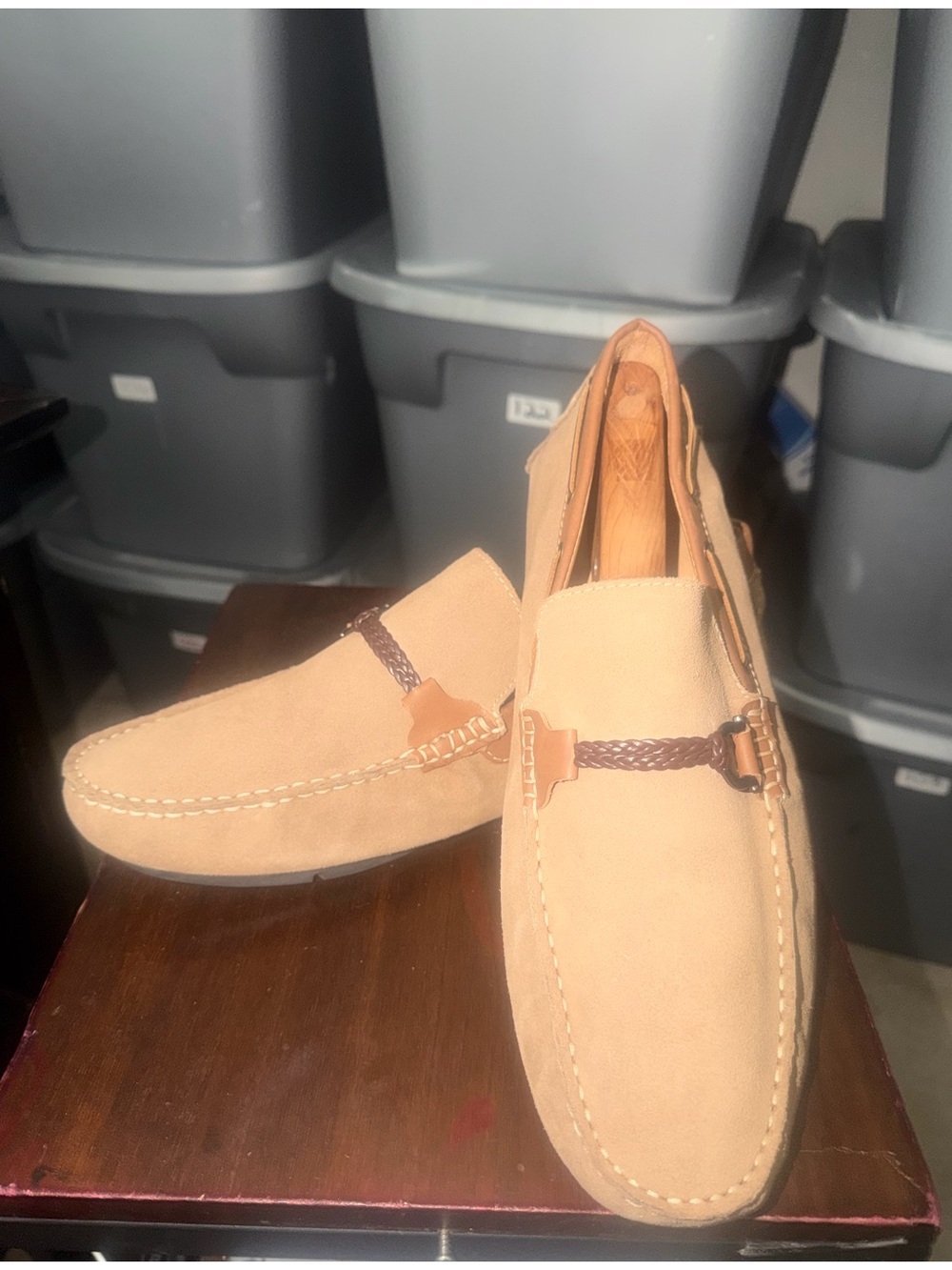 Men's BELVEDERE Tan LEATHER Suede Slip-On Loafers with Braided Accent Sz 13(128)